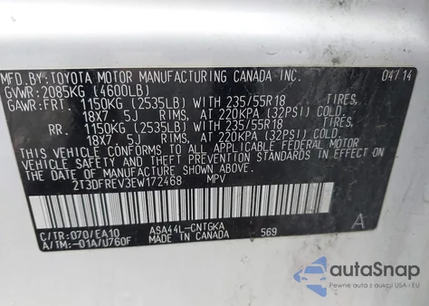 2014 Toyota Rav4 Limited from USA, damaged, VIN 2T3DFREV3EW172468